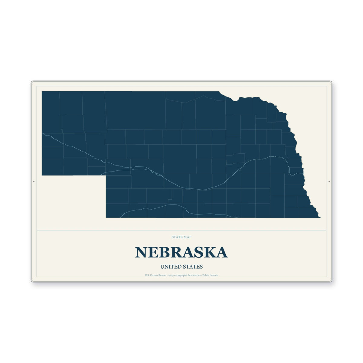 Nebraska state map aluminum sign in Coastal Cutout style