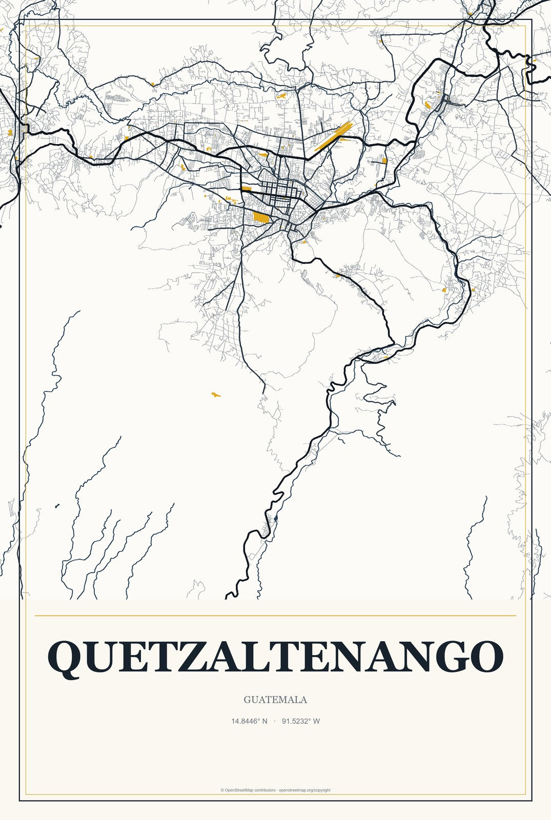 Quetzaltenango, Guatemala City Map Aluminum Sign in Citrine Modern style