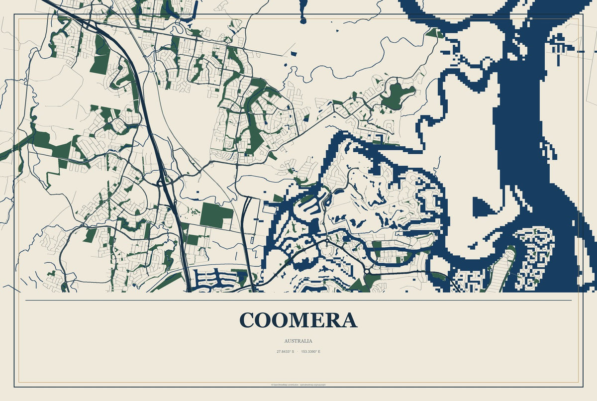 Coomera, Australia City Map Aluminum Sign in Coastal Cutout style