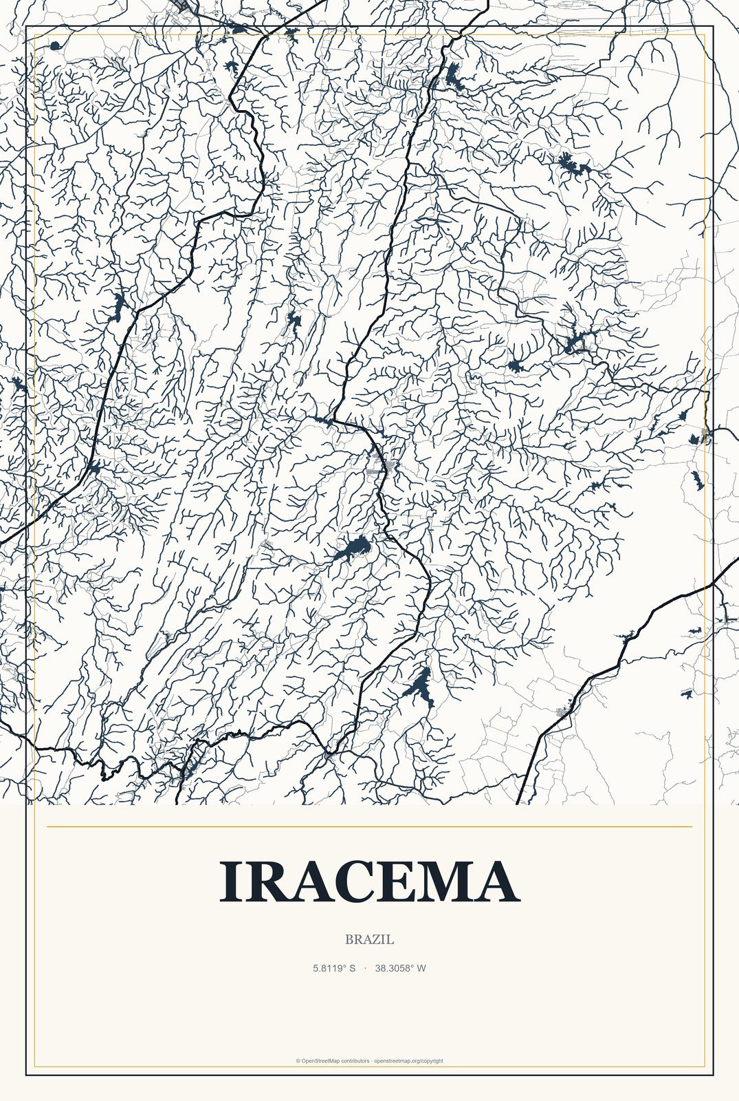 Iracema, Roraima, Brazil City Map Aluminum Sign in Citrine Modern style