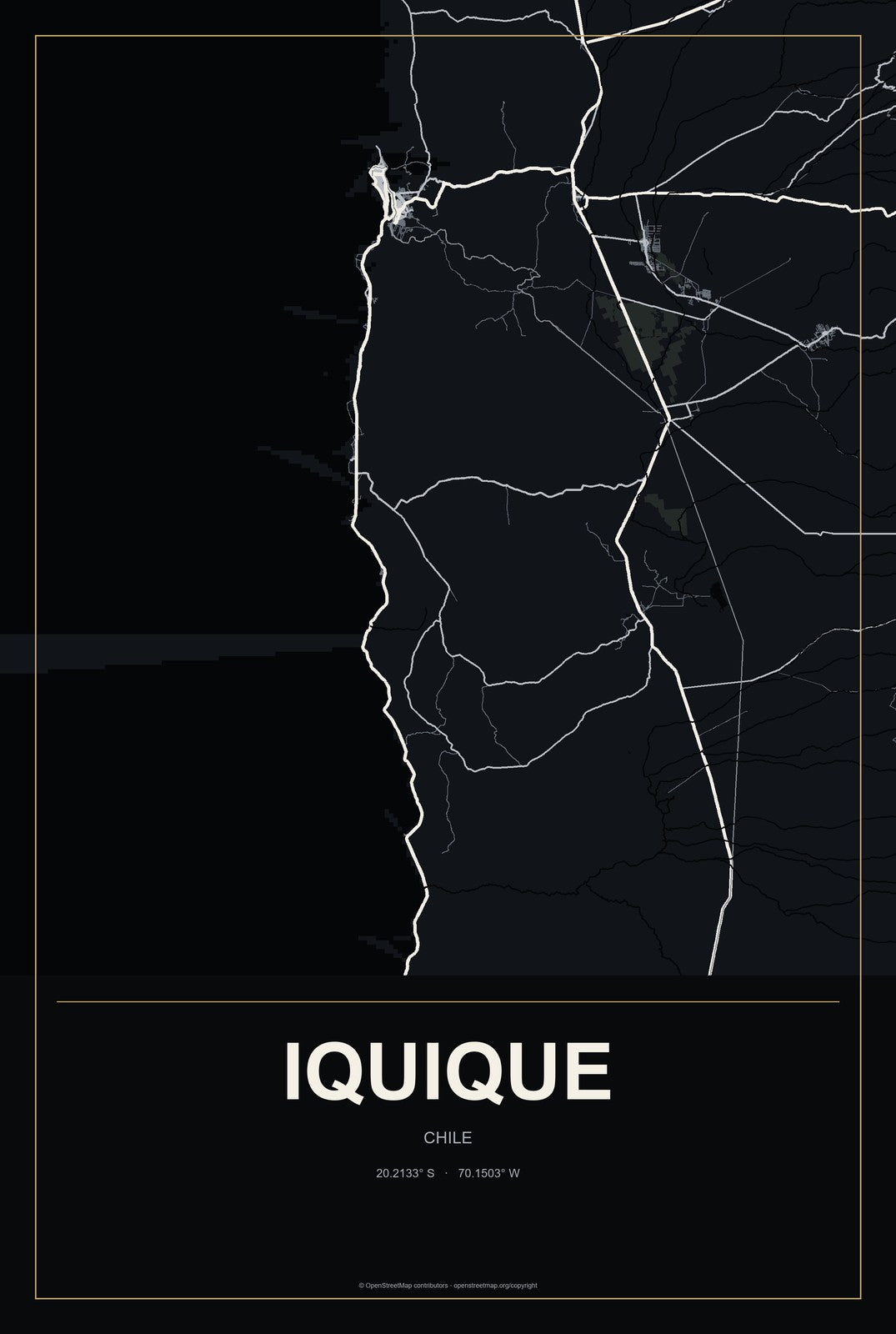 Iquique, Chile City Map Aluminum Sign in Metropolitan Noir style