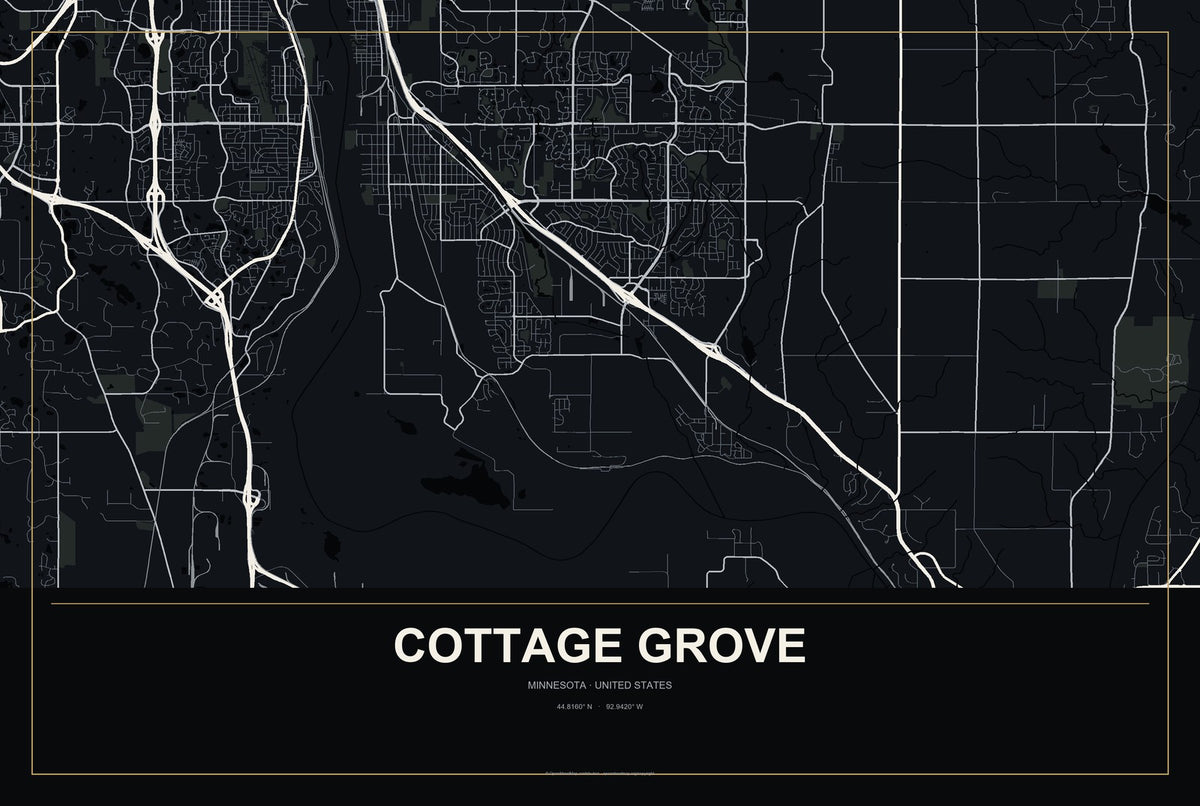 Cottage Grove, Minnesota City Map Aluminum Sign in Metropolitan Noir style