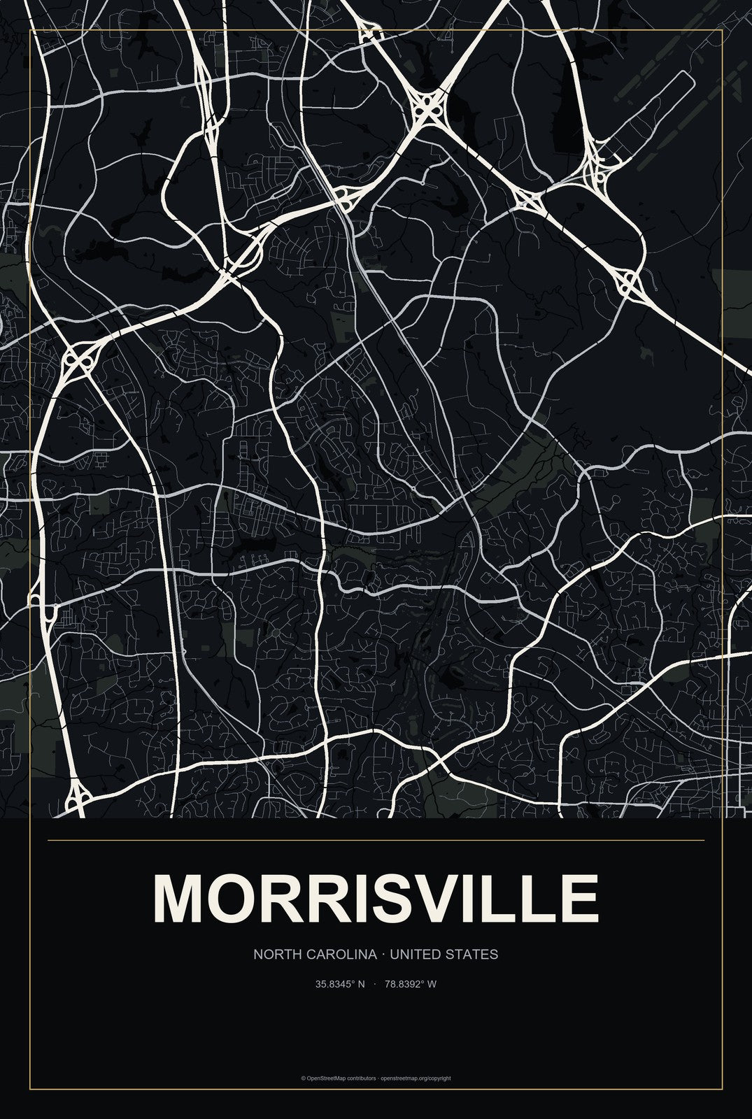 Morrisville, North Carolina City Map Aluminum Sign in Metropolitan Noir style