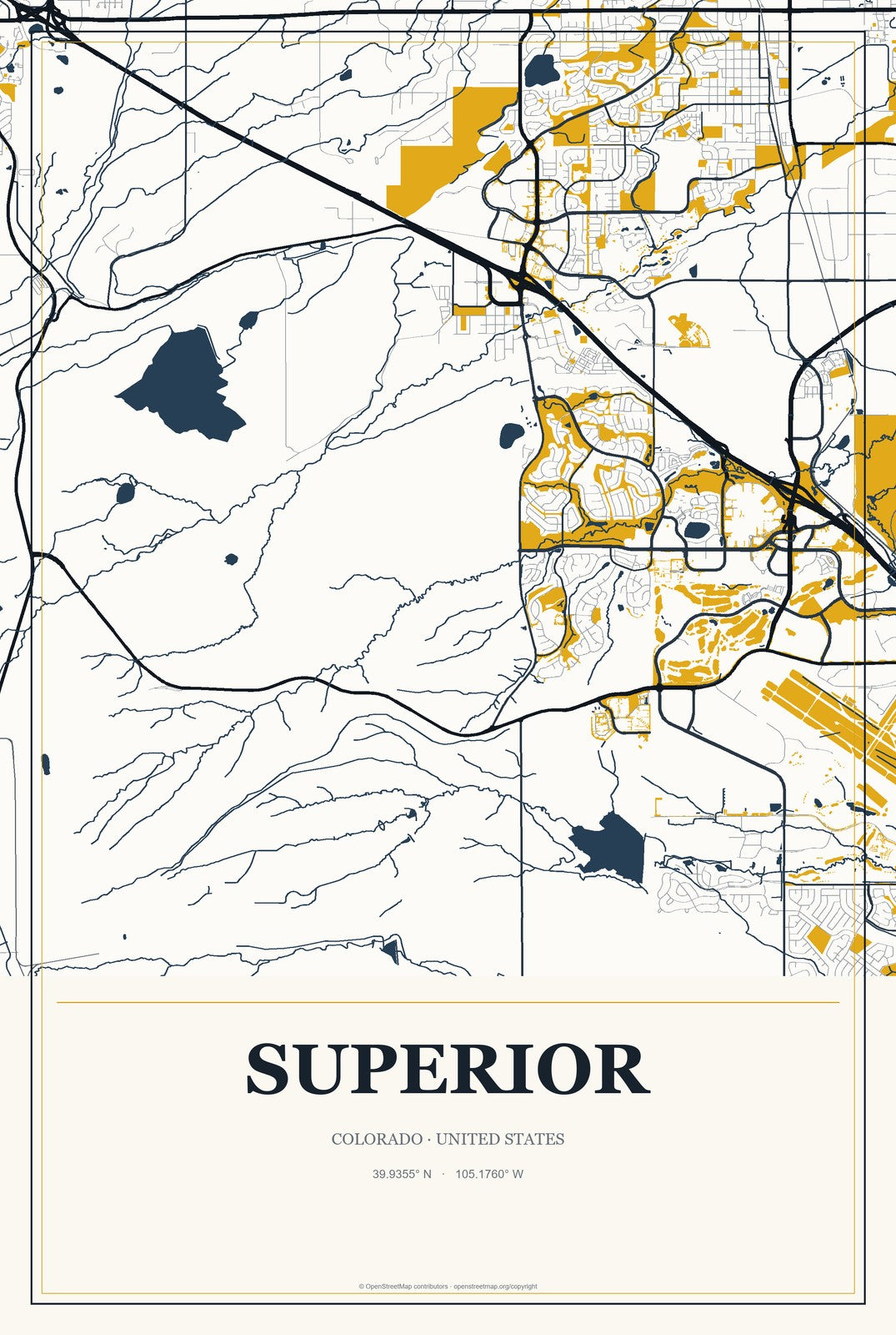Superior, Colorado City Map Aluminum Sign in Citrine Modern style