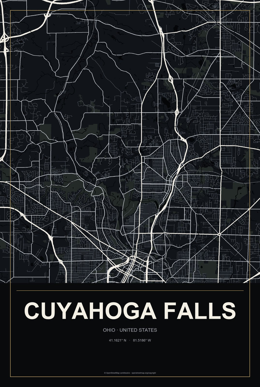 Cuyahoga Falls, Ohio City Map Aluminum Sign in Metropolitan Noir style