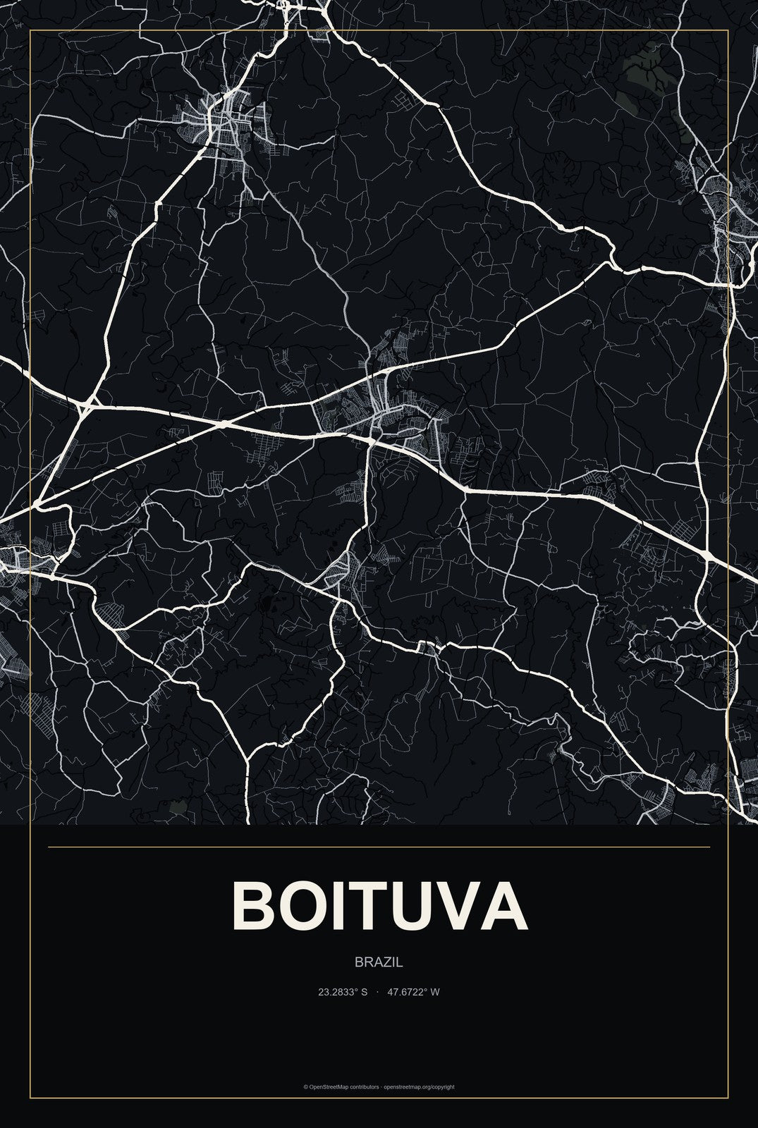 Boituva, Brazil City Map Aluminum Sign in Metropolitan Noir style
