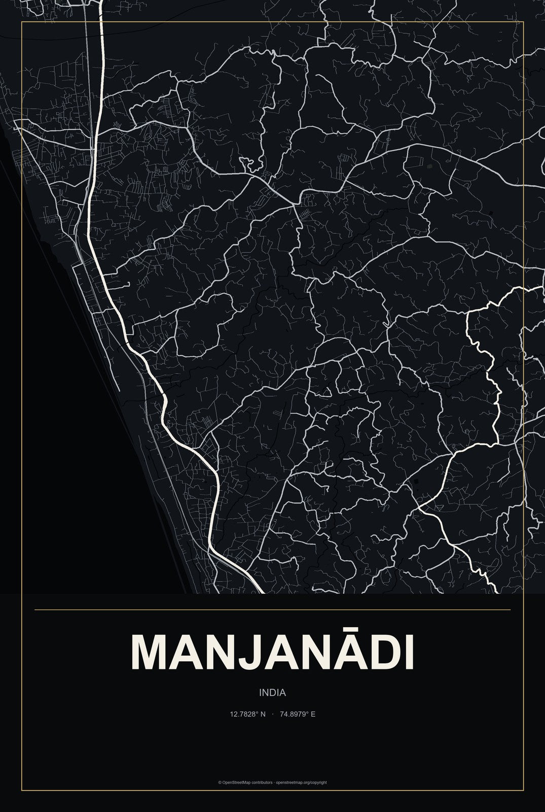 Manjanādi, India City Map Aluminum Sign in Metropolitan Noir style