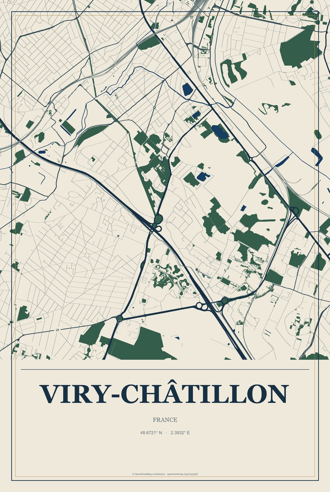 Viry-Châtillon, France City Map Aluminum Sign in Coastal Cutout style