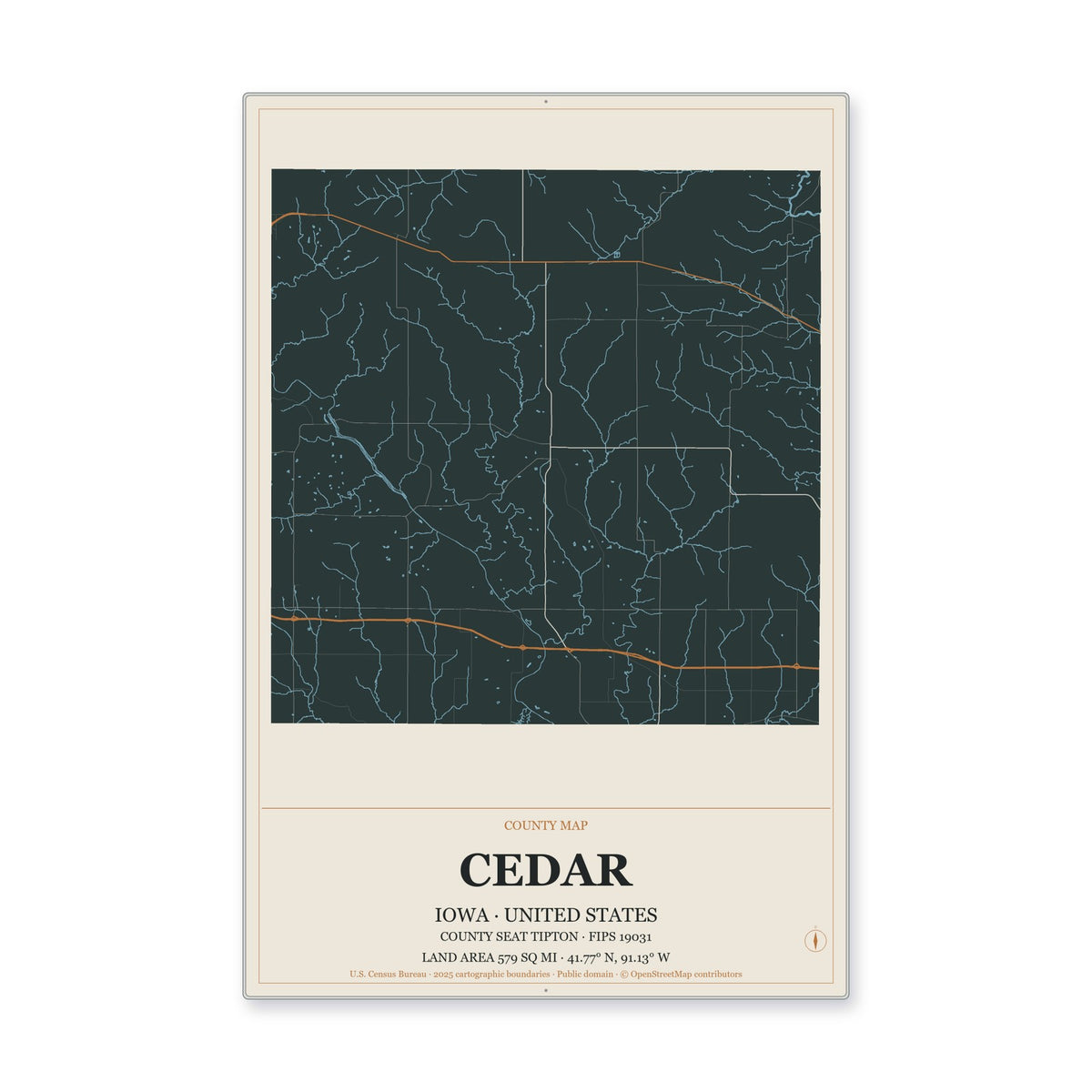 Cedar County, Iowa Map Aluminum Sign in Headline Atlas style