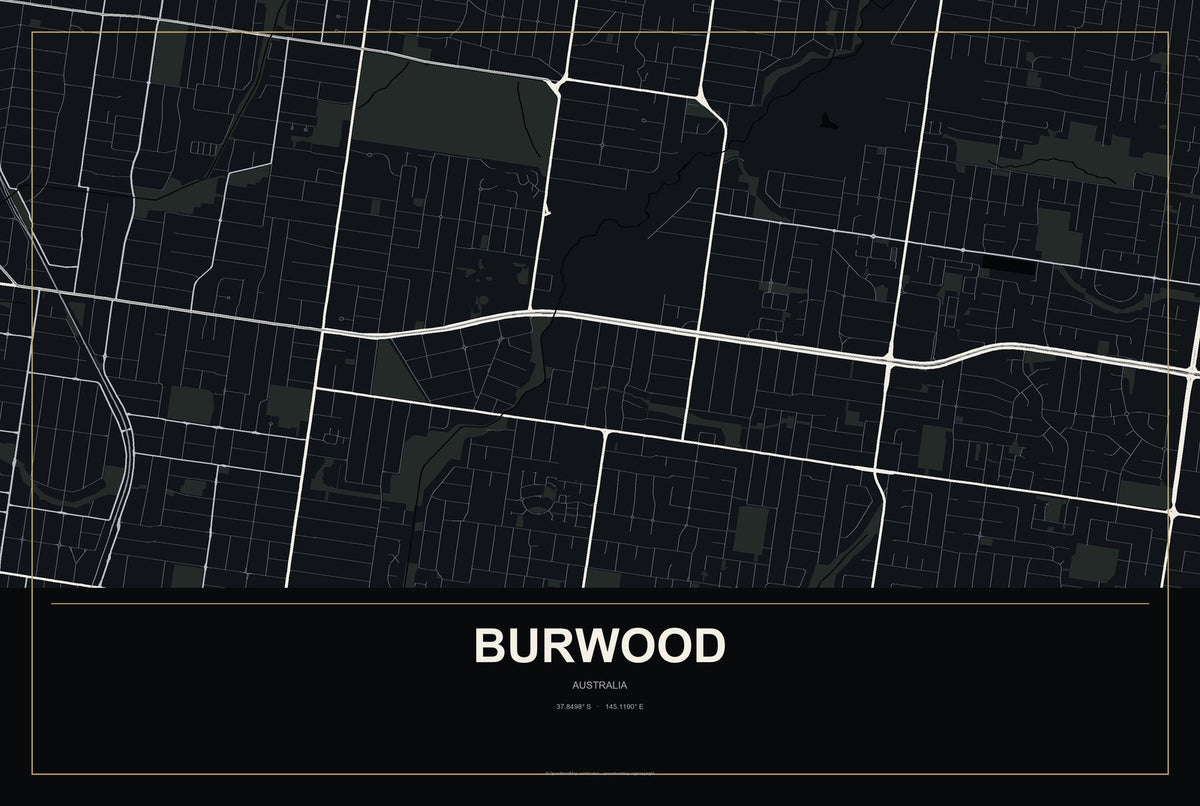 Burwood, Australia City Map Aluminum Sign in Metropolitan Noir style
