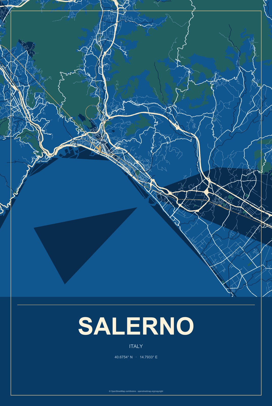 Salerno, Italy City Map Aluminum Sign in Harbor Cobalt style