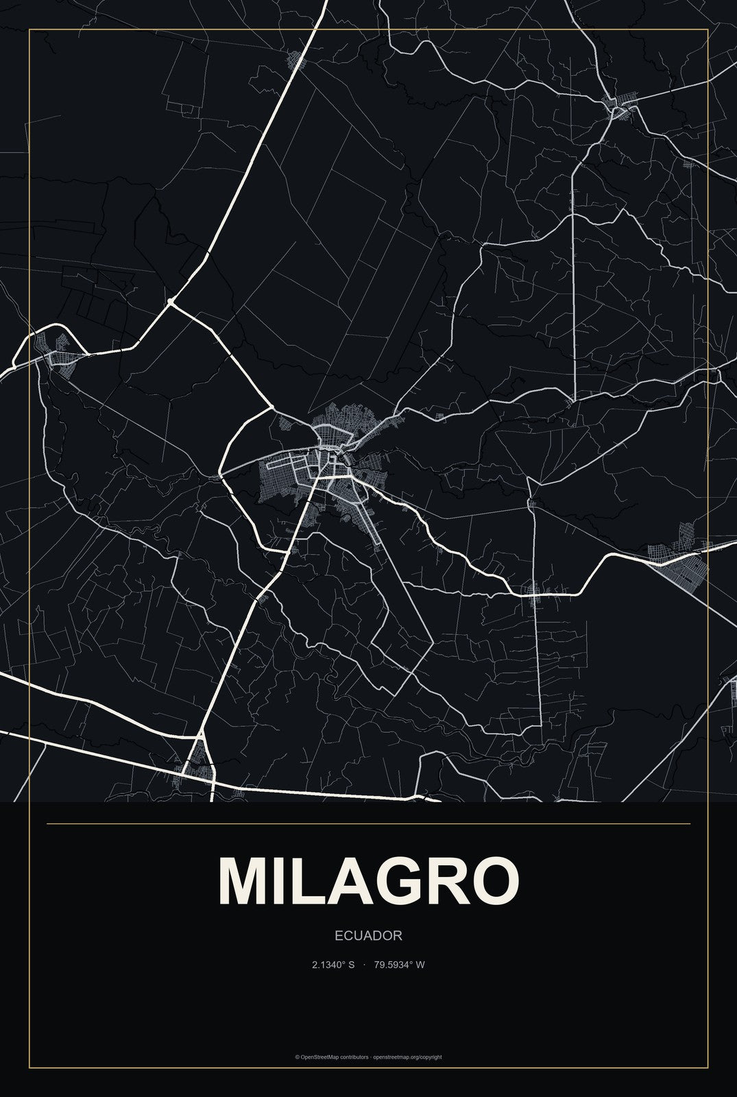 Milagro, Ecuador City Map Aluminum Sign in Metropolitan Noir style