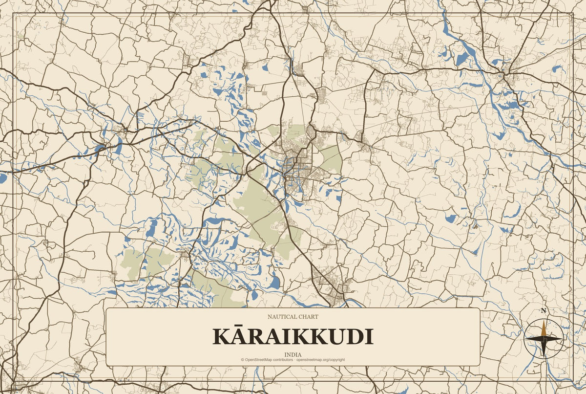 Kāraikkudi, India City Map Aluminum Sign in Heritage Nautical style