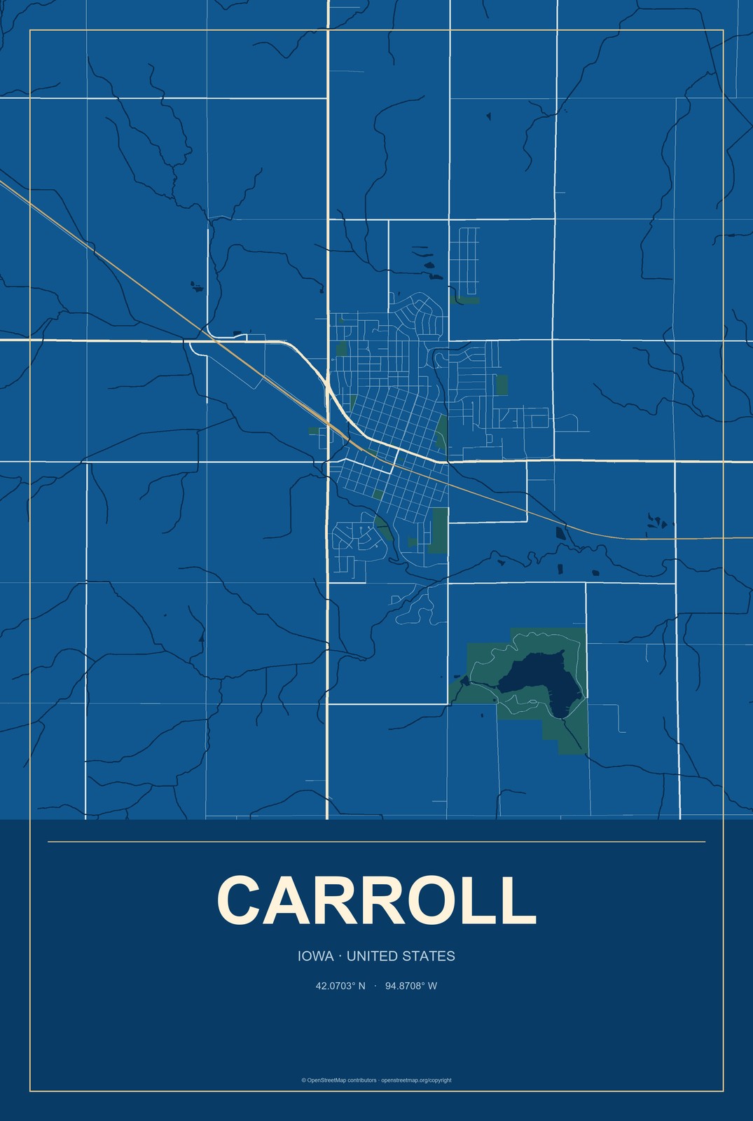 Carroll, Iowa City Map Aluminum Sign in Harbor Cobalt style