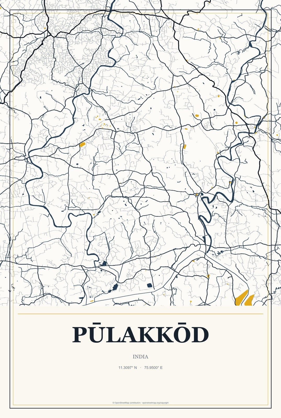 Pūlakkōd, India City Map Aluminum Sign in Citrine Modern style