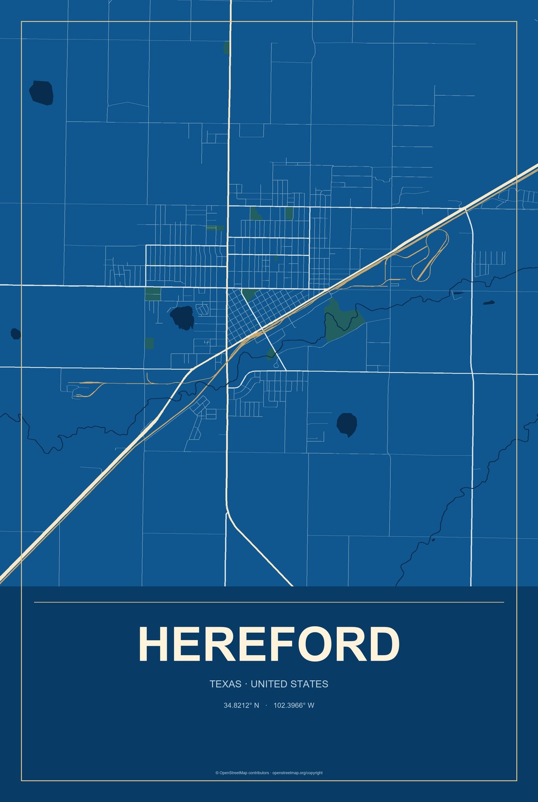 Hereford, Texas City Map Aluminum Sign in Harbor Cobalt style