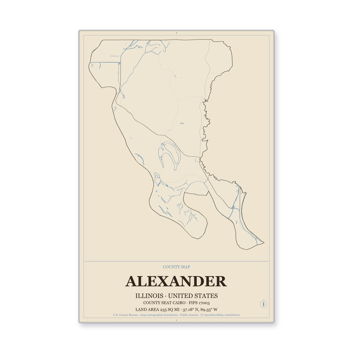Alexander County, Illinois Map Aluminum Sign in Heritage Nautical style