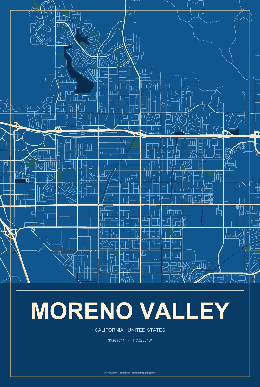 Moreno Valley, California City Map Aluminum Sign in Harbor Cobalt style