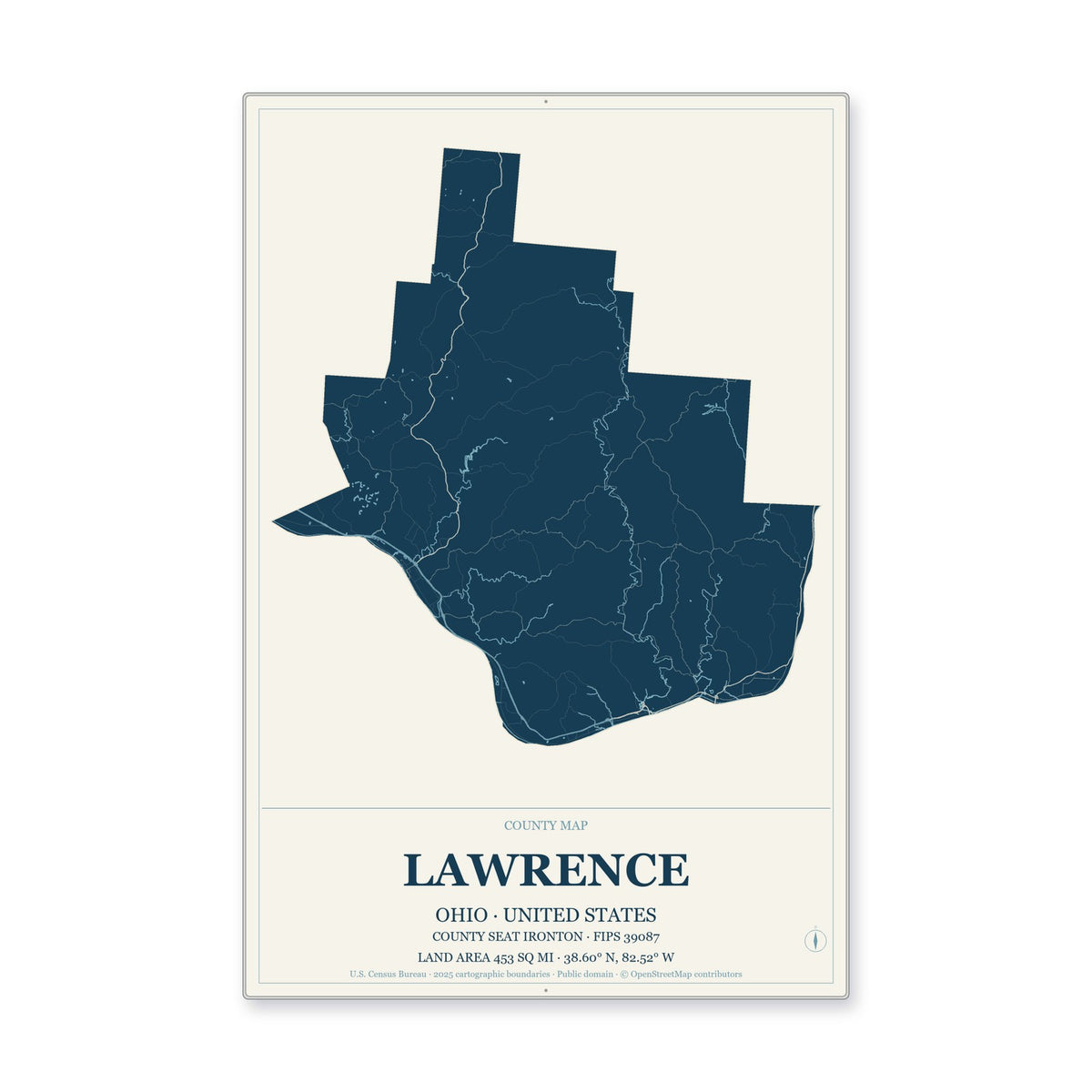 Lawrence County, Ohio Map Aluminum Sign in Coastal Cutout style