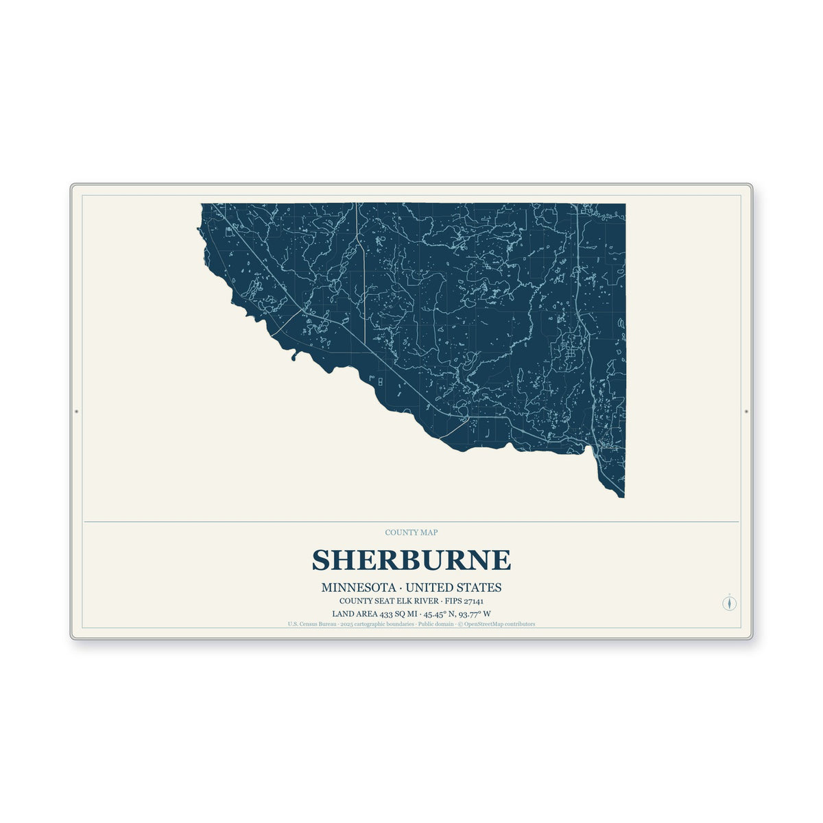 Sherburne County, Minnesota Map Aluminum Sign in Coastal Cutout style