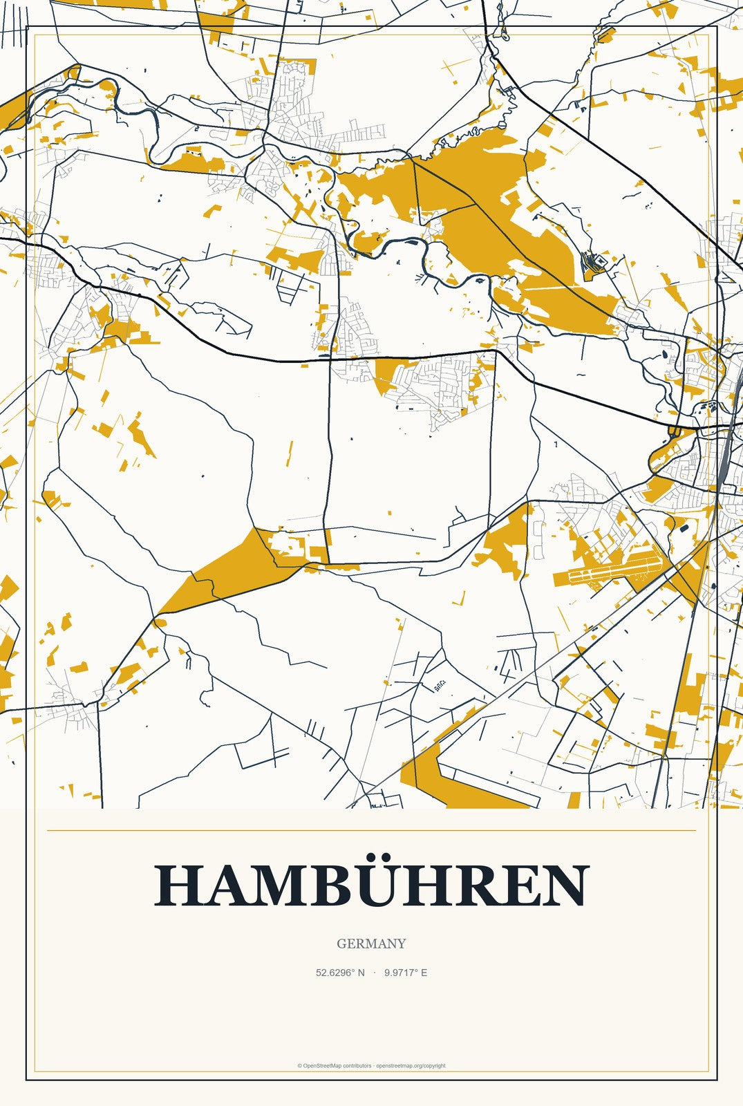 Hambühren, Germany City Map Aluminum Sign in Citrine Modern style