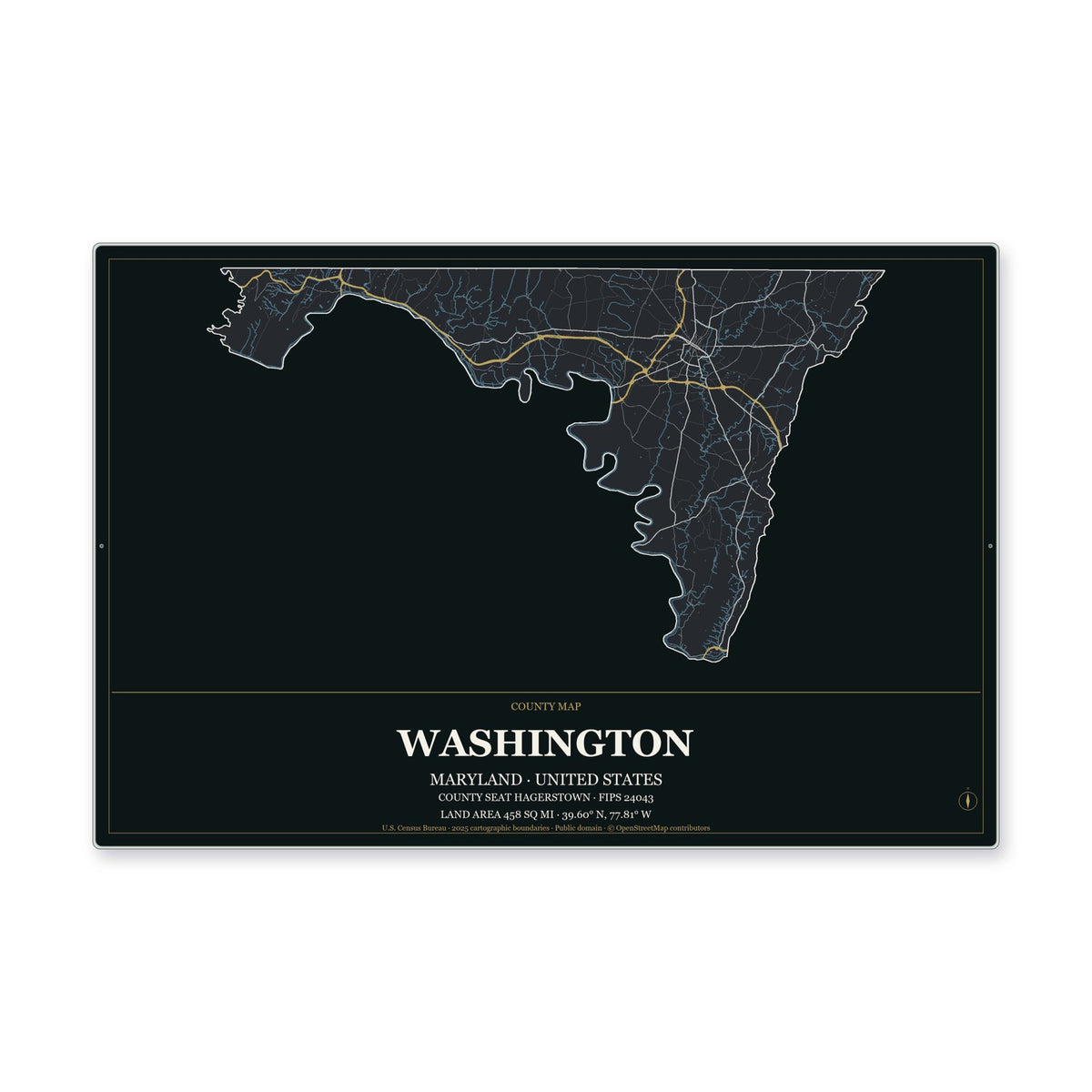 Washington County, Maryland Map Aluminum Sign in Metropolitan Noir style