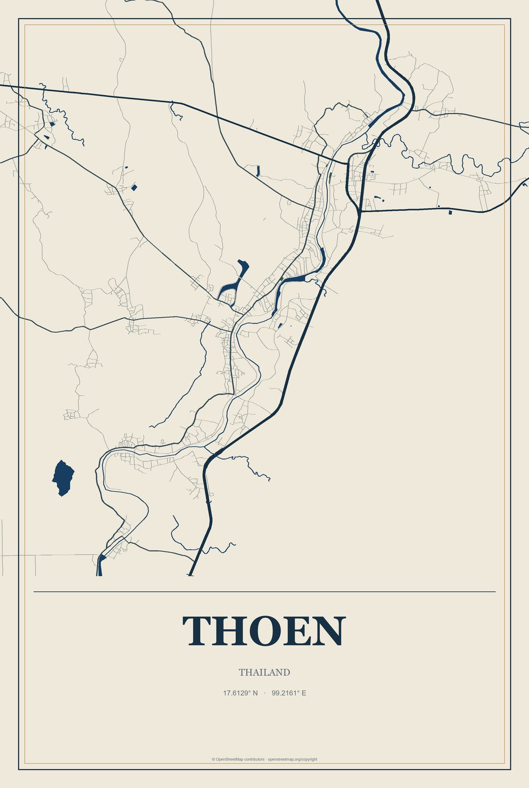 Thoen, Thailand City Map Aluminum Sign in Coastal Cutout style