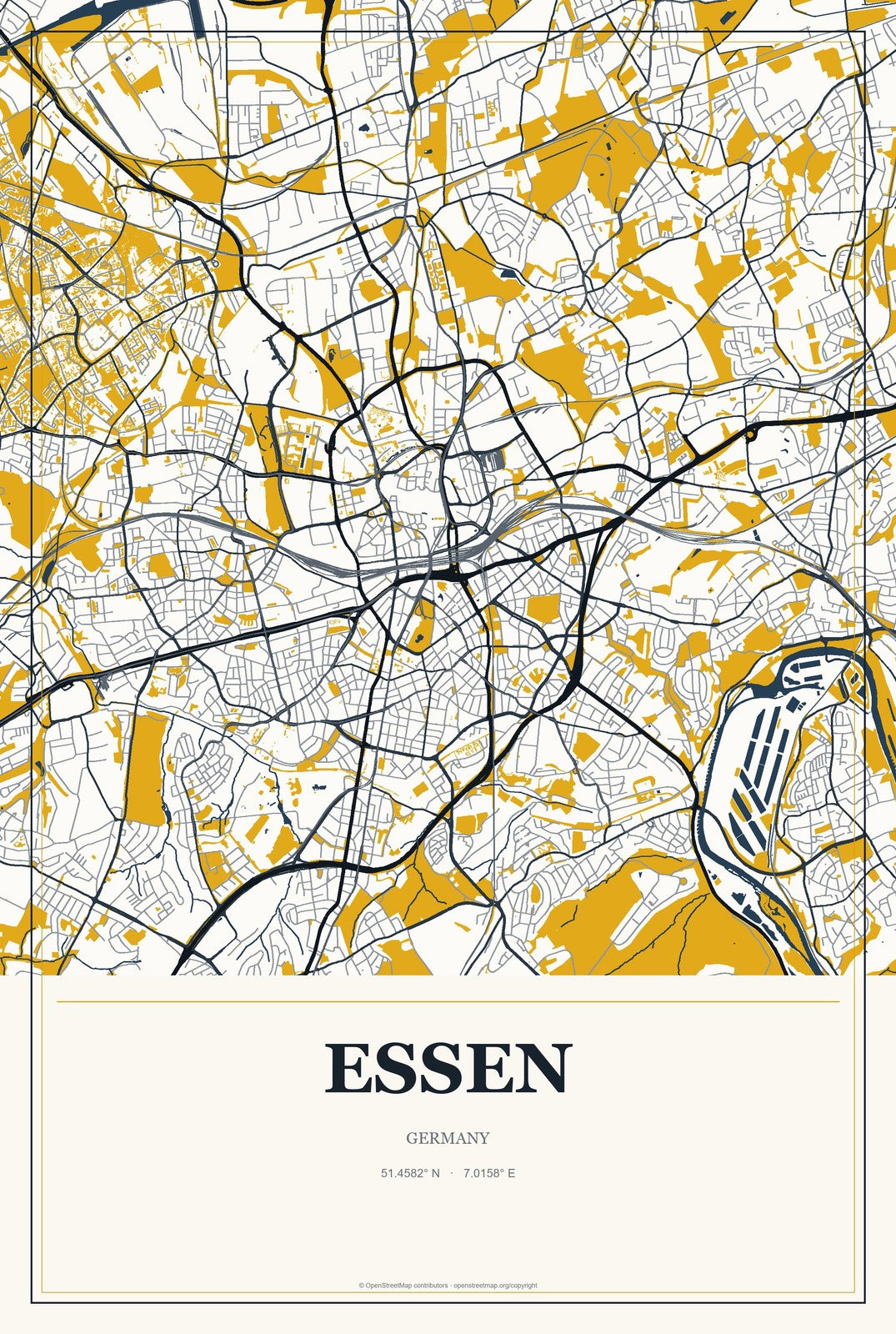Essen, Germany City Map Aluminum Sign in Citrine Modern style