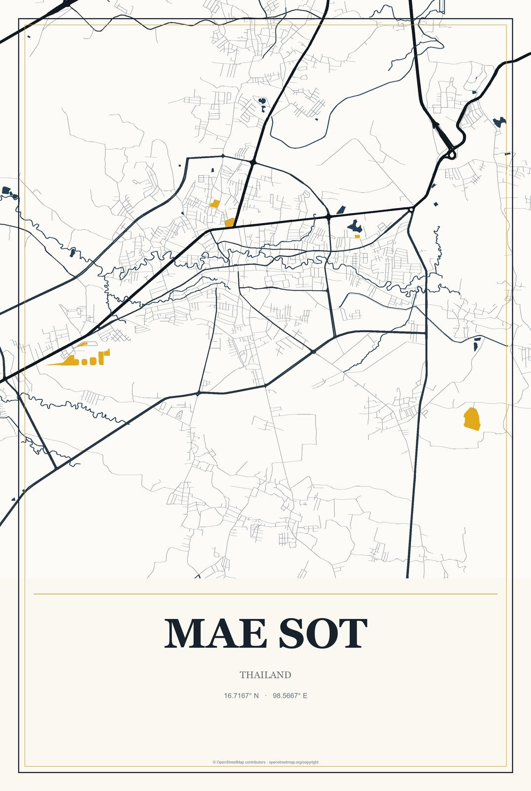 Mae Sot, Thailand City Map Aluminum Sign in Citrine Modern style