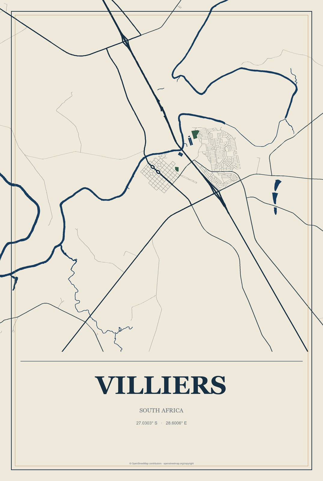 Villiers, South Africa City Map Aluminum Sign in Coastal Cutout style
