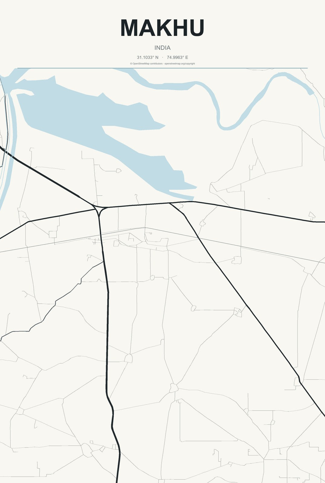 Makhu, India City Map Aluminum Sign in Headline Atlas style