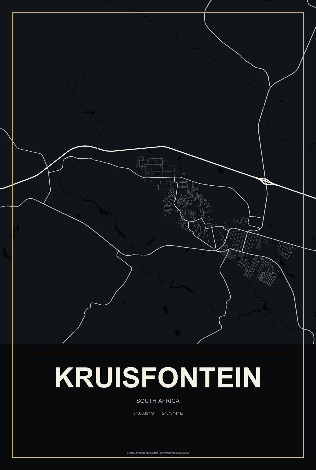 Kruisfontein, South Africa City Map Aluminum Sign in Metropolitan Noir style