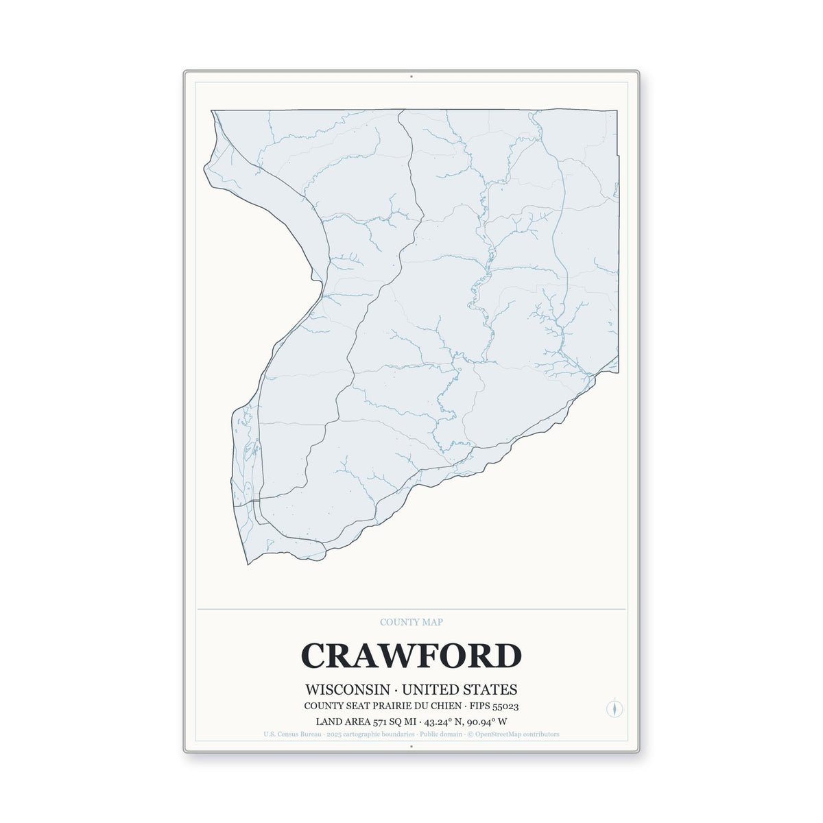 Crawford County, Wisconsin Map Aluminum Sign in Gallery Air style