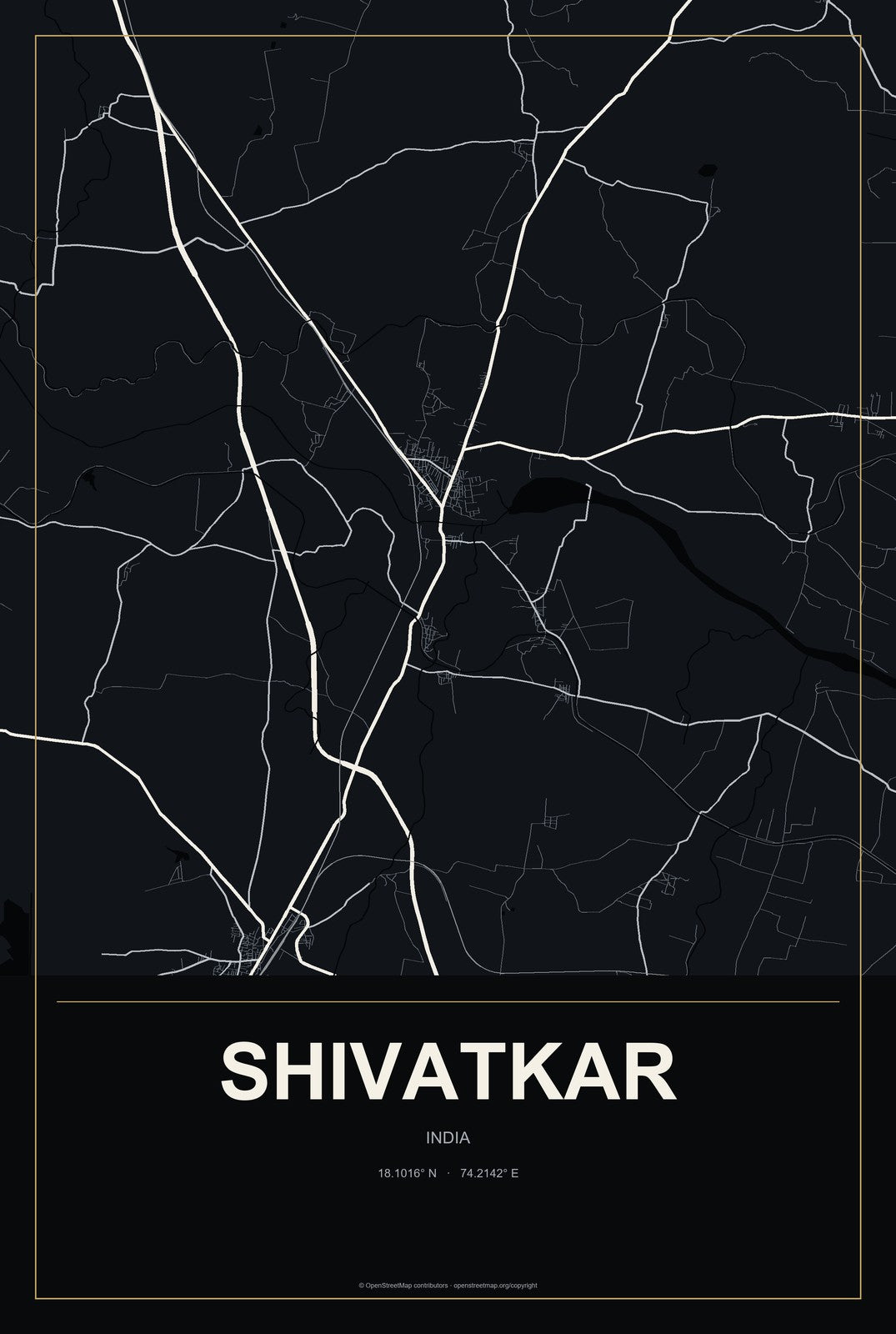 Shivatkar, India City Map Aluminum Sign in Metropolitan Noir style