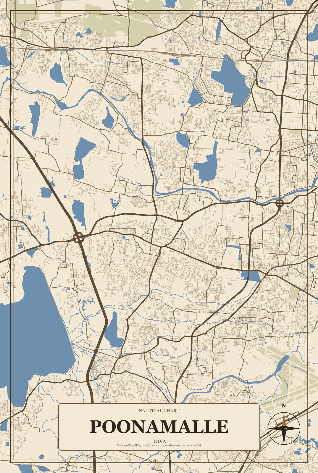 Poonamalle, India City Map Aluminum Sign in Heritage Nautical style