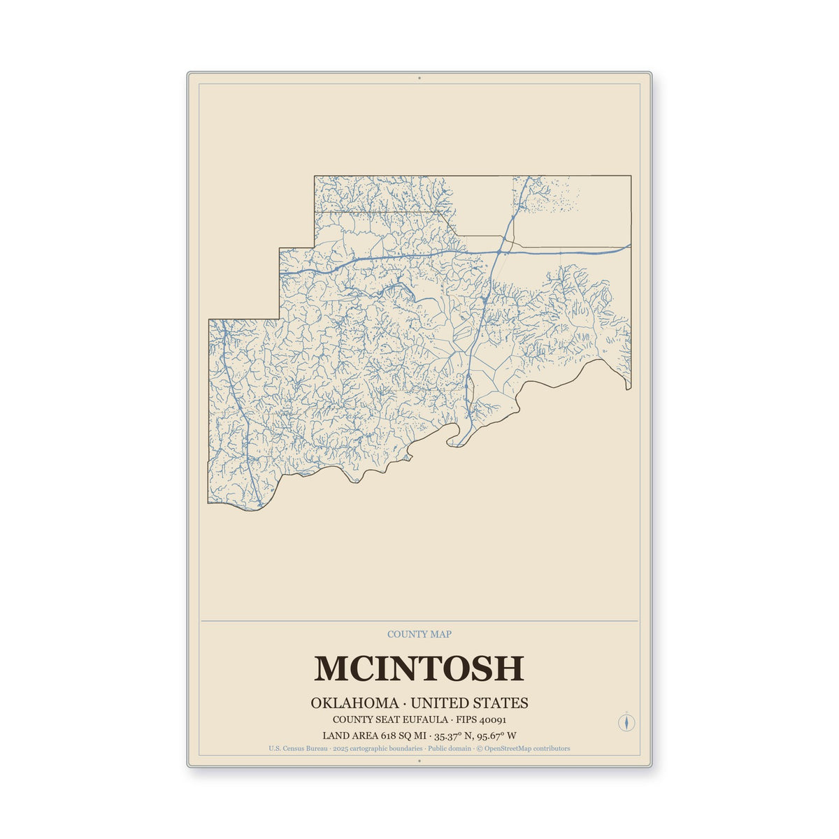 McIntosh County, Oklahoma Map Aluminum Sign in Heritage Nautical style