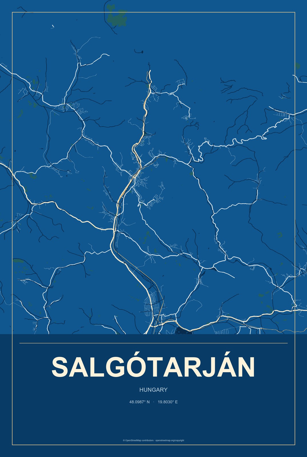 Salgótarján, Hungary City Map Aluminum Sign in Harbor Cobalt style