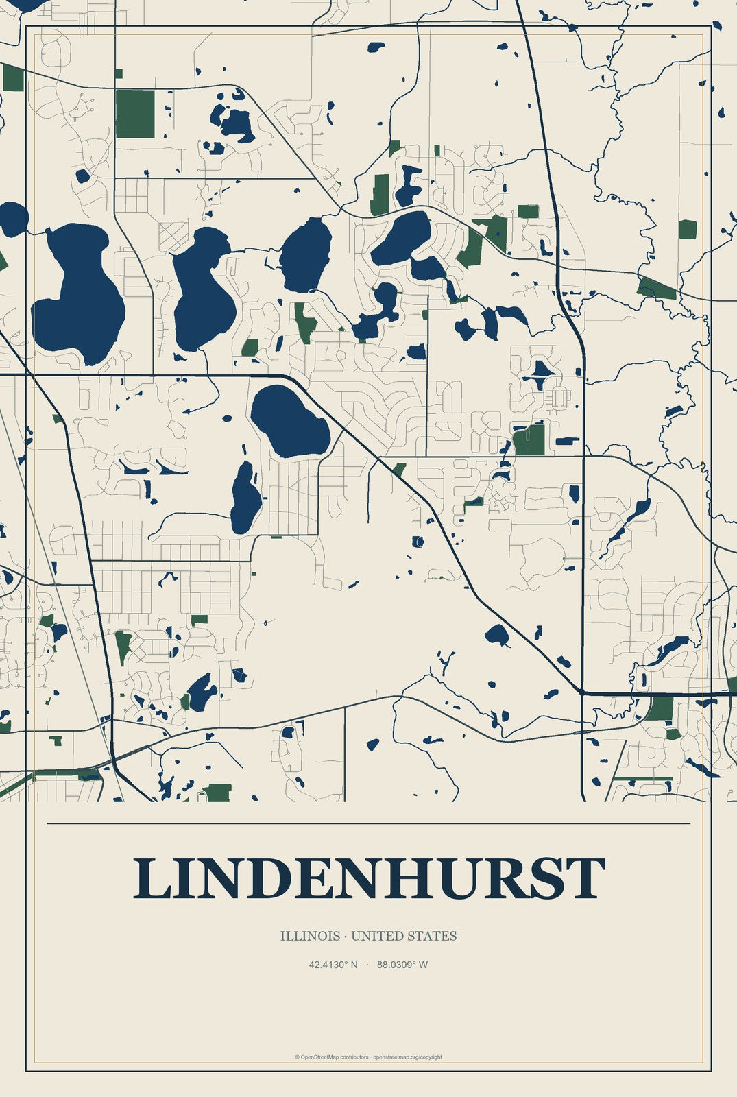 Lindenhurst, Illinois City Map Aluminum Sign in Coastal Cutout style