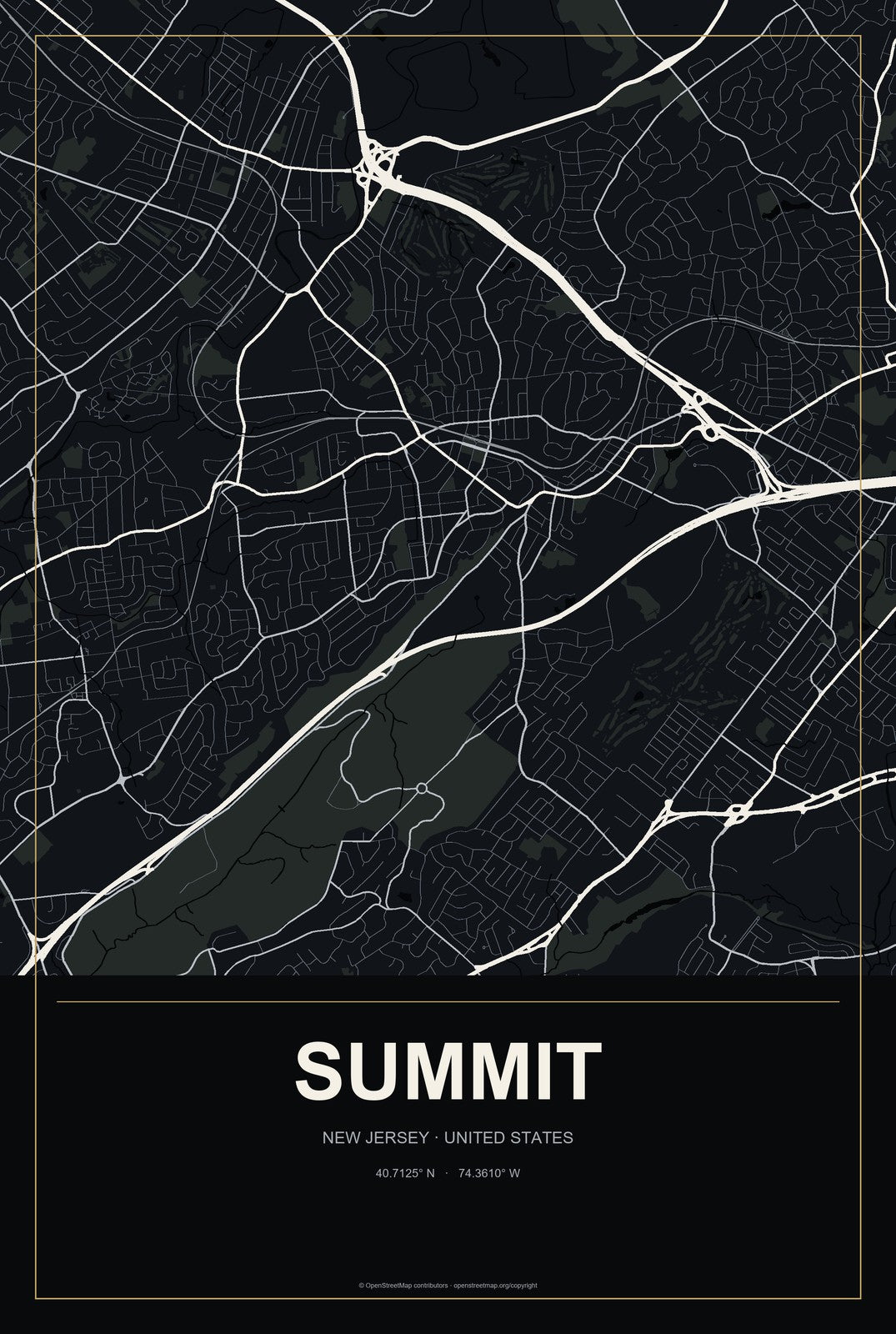 Summit, New Jersey City Map Aluminum Sign in Metropolitan Noir style