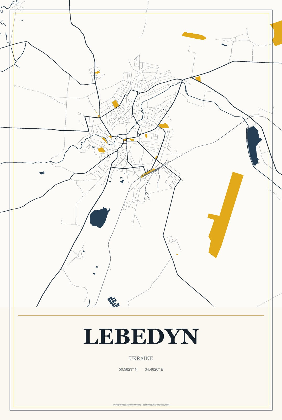 Lebedyn, Ukraine City Map Aluminum Sign in Citrine Modern style