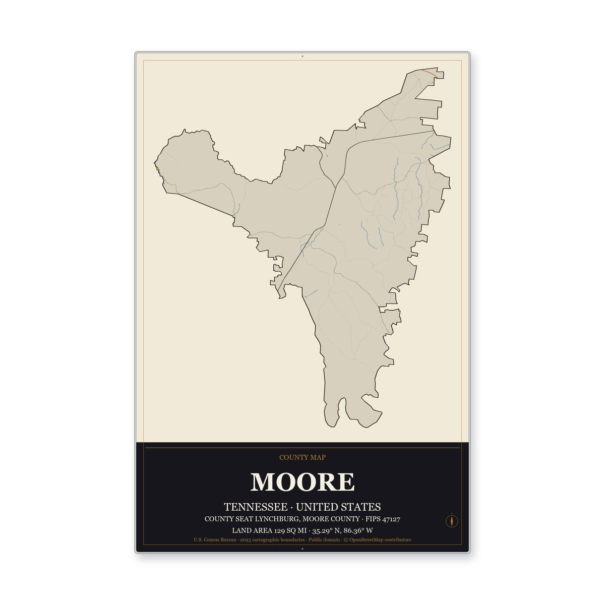 Moore County, Tennessee Map Aluminum Sign in Museum Plaque style