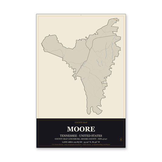 Moore County, Tennessee Map Aluminum Sign in Museum Plaque style