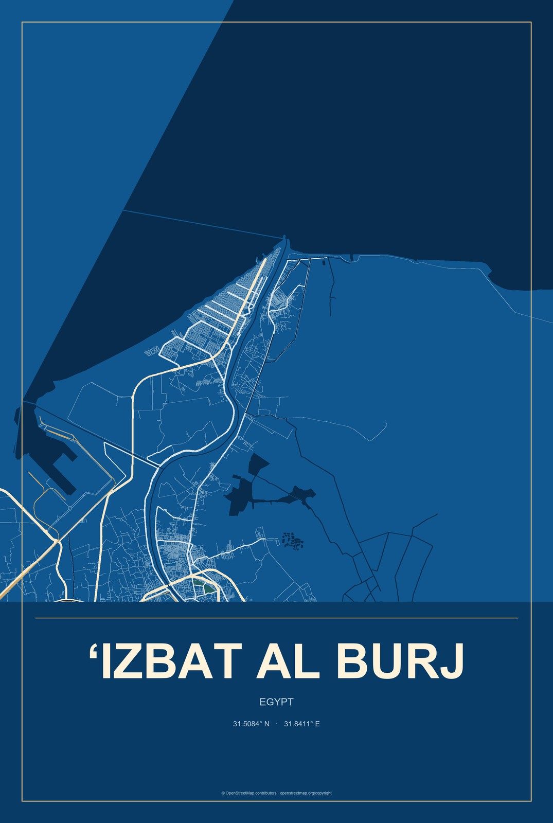 ‘Izbat al Burj, Egypt City Map Aluminum Sign in Harbor Cobalt style