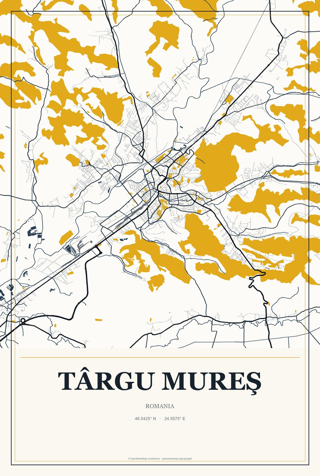 Târgu Mureş, Romania City Map Aluminum Sign in Citrine Modern style