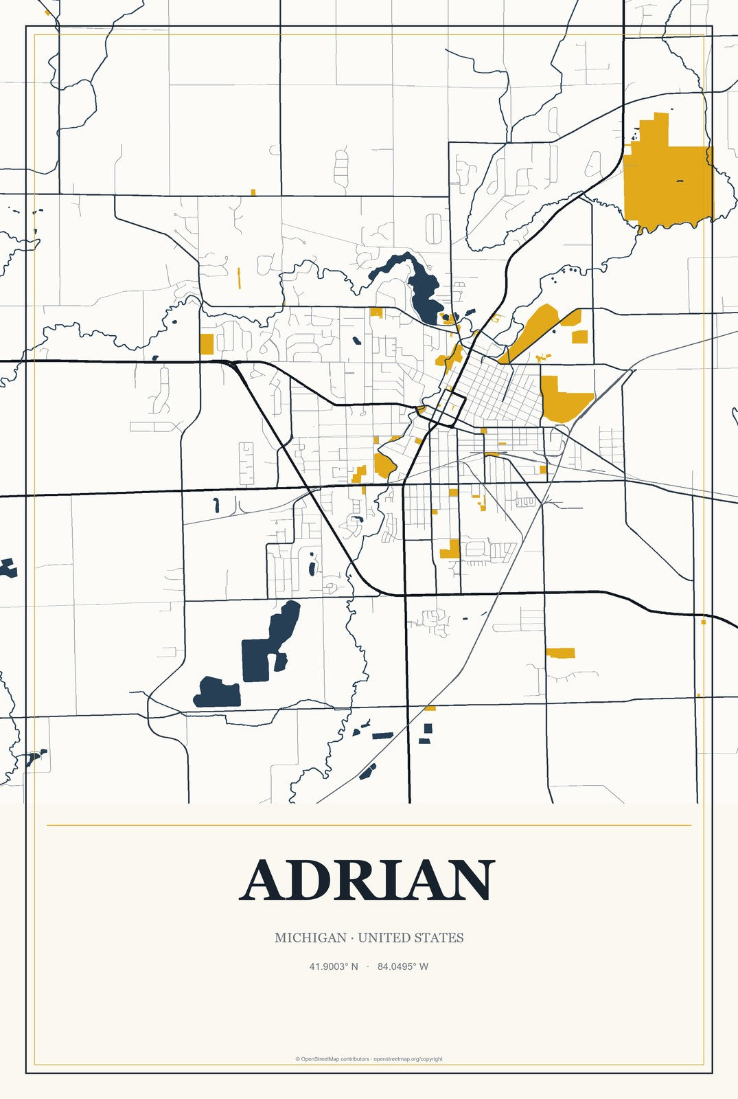 Adrian, Michigan City Map Aluminum Sign in Citrine Modern style