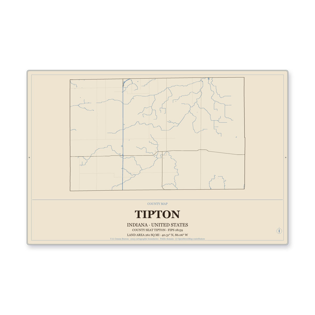 Tipton County, Indiana Map Aluminum Sign in Heritage Nautical style