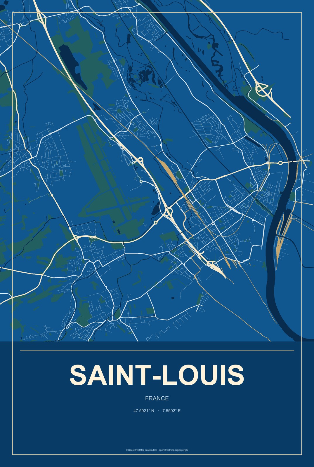 Saint-Louis, France City Map Aluminum Sign in Harbor Cobalt style