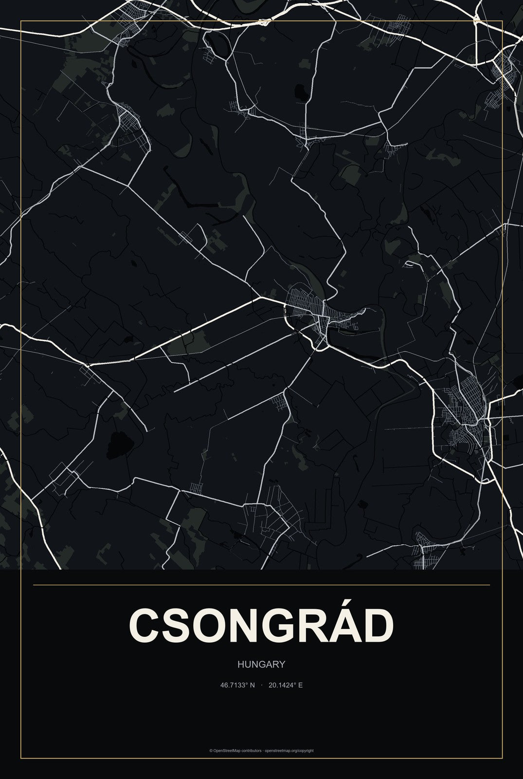Csongrád, Hungary City Map Aluminum Sign in Metropolitan Noir style