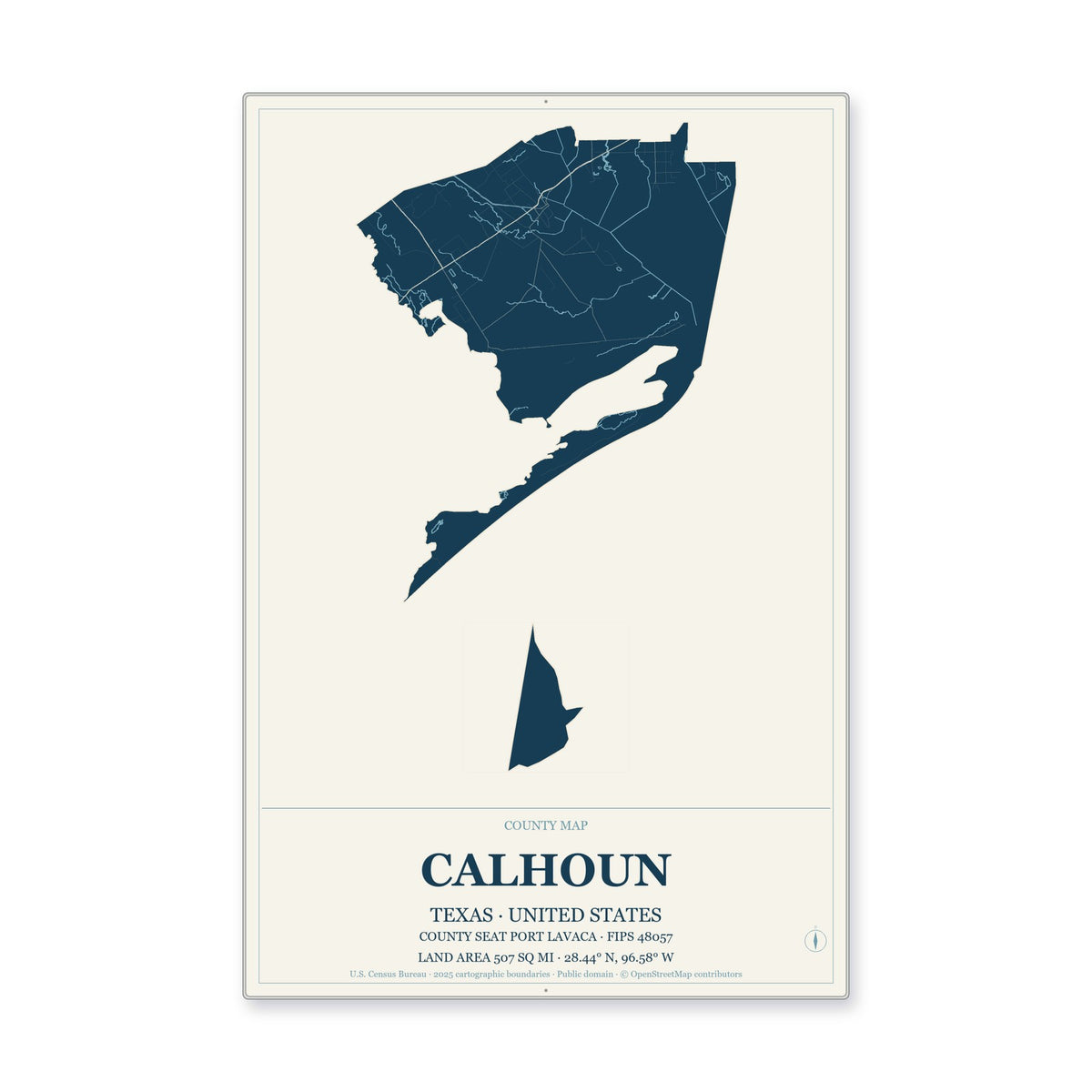 Calhoun County, Texas Map Aluminum Sign in Coastal Cutout style