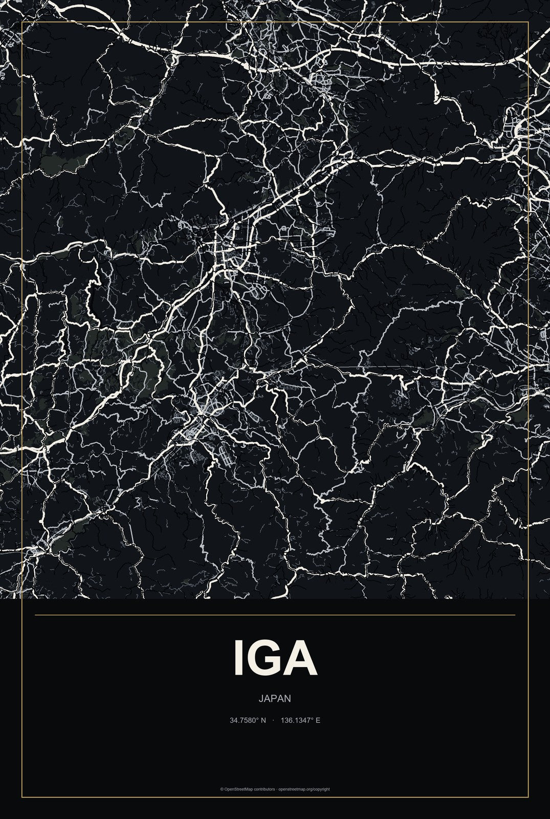 Iga, Japan City Map Aluminum Sign in Metropolitan Noir style